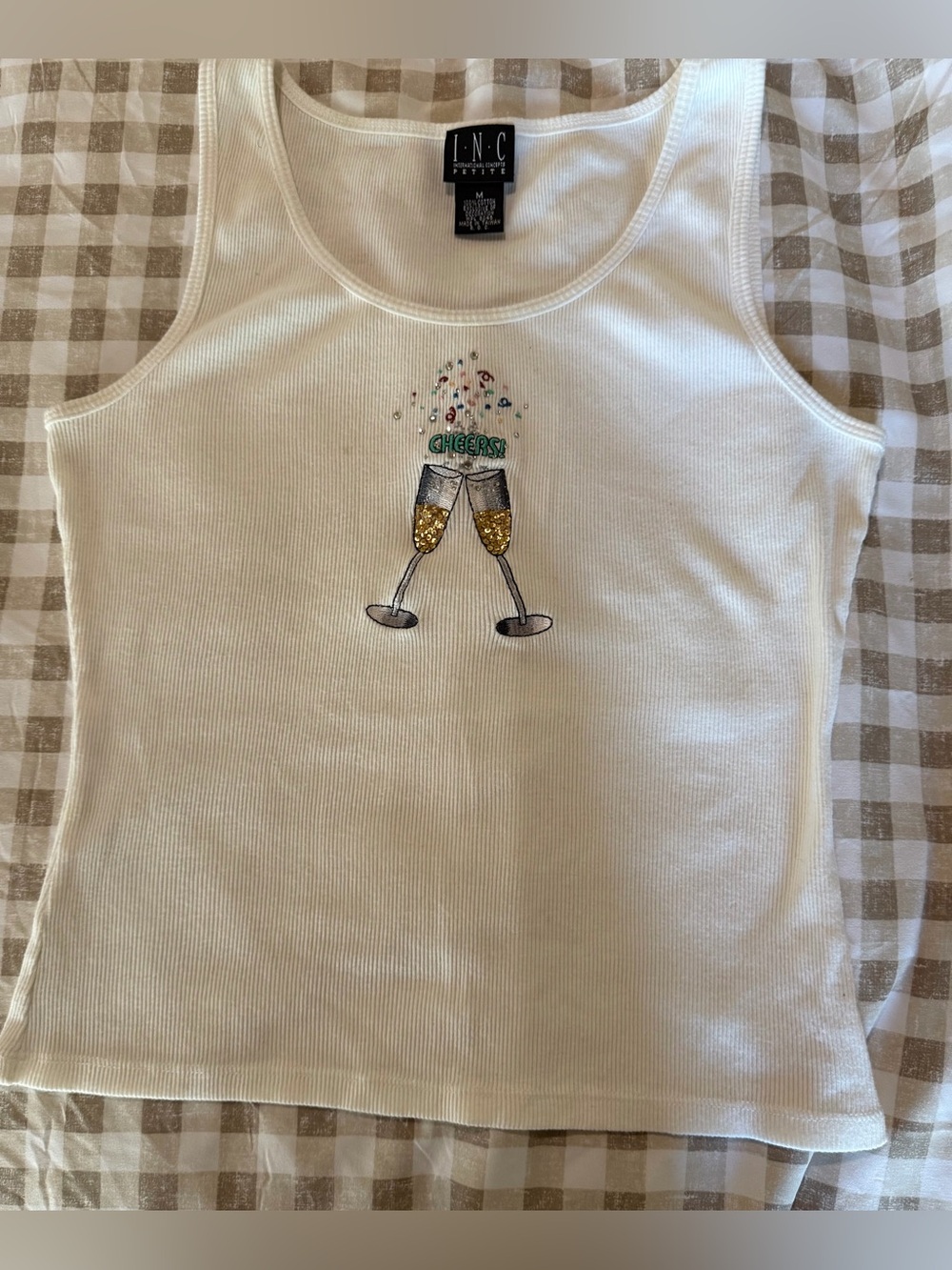 INC International Concepts White Ribbed Tank with 'Cheers' Champagne Graphic